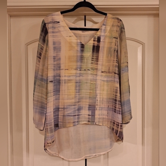 ONE WORLD Tops - One World High-Low Long-Sleeve Multi-Color Tie-Die Abstract Plaid Formal Blouse